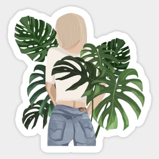 Girls with monstera plant leaves Sticker